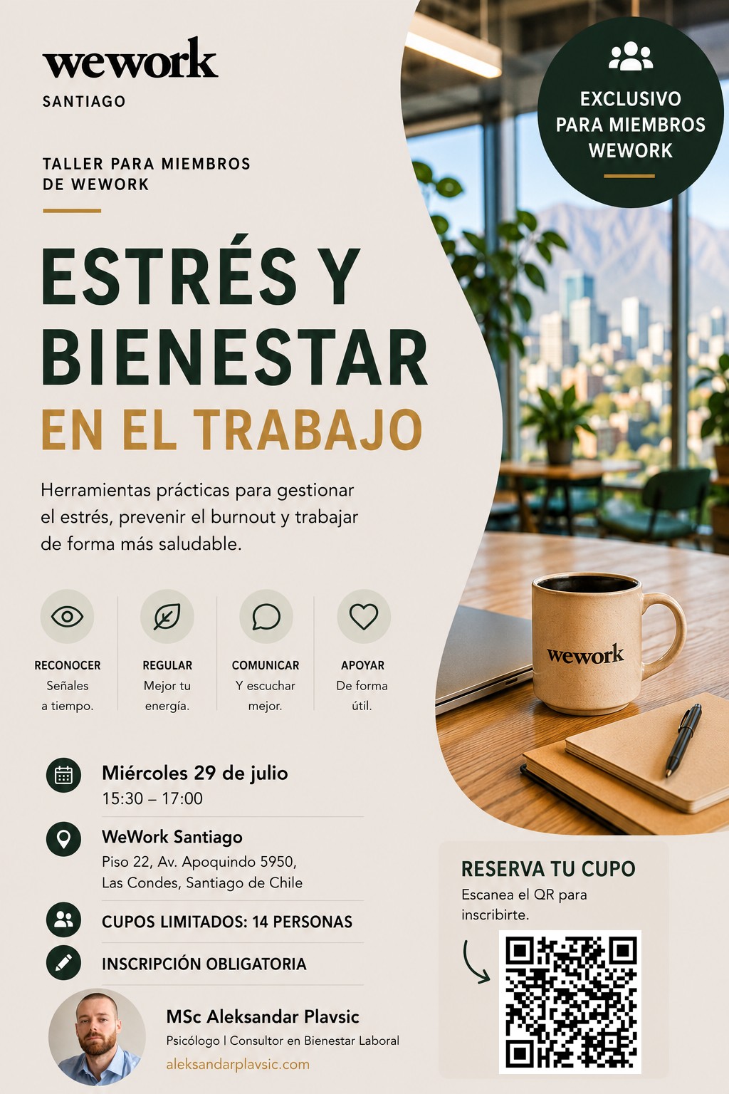 WeWork Santiago workshop poster for Stress and Wellbeing at Work, 29 July 2026