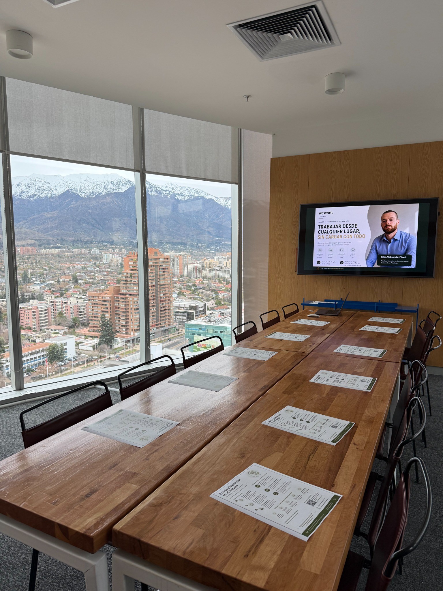 WeWork Santiago workshop room prepared for the Stress and Wellbeing at Work workshop